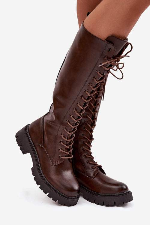 Ocieplane Sznurowane Kozaki Damskie Czekoladowe Meliora