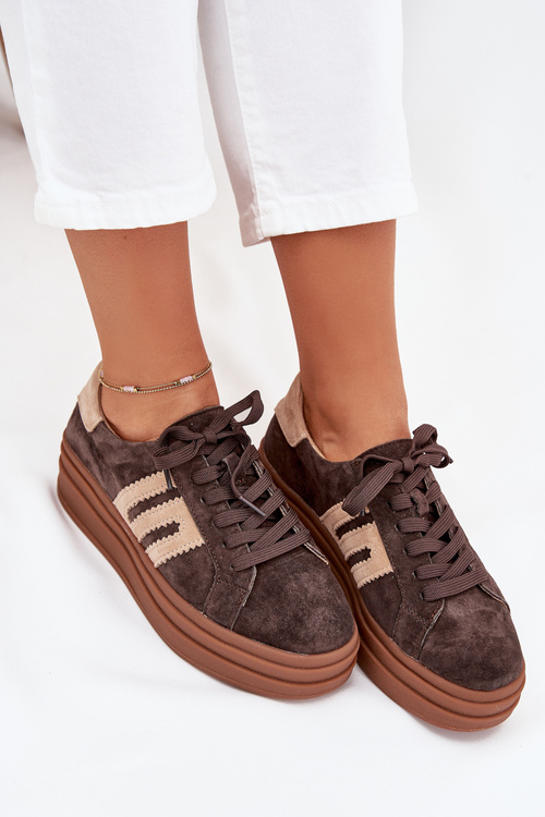 Sneakersy Damskie Na Platformie Z Naturalnego Zamszu Czekoladowe Eldira