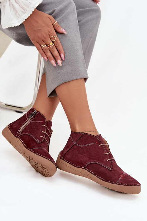 Skórzane Półbuty Damskie Z Przeszyciami Na Zamek Artiker 57C2116 Bordowe