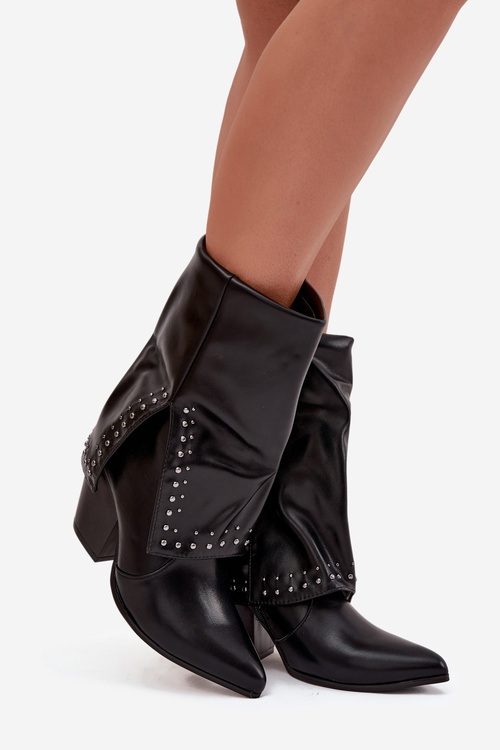 Botki Kowbojki Z Wywiniętą Cholewką I Zdobieniem Ocieplane Czarne Inessia