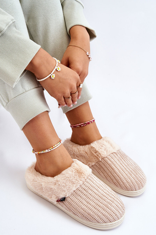 Damskie Ocieplane Papcie Wsuwane Z Futerkiem Beżowe Leriss