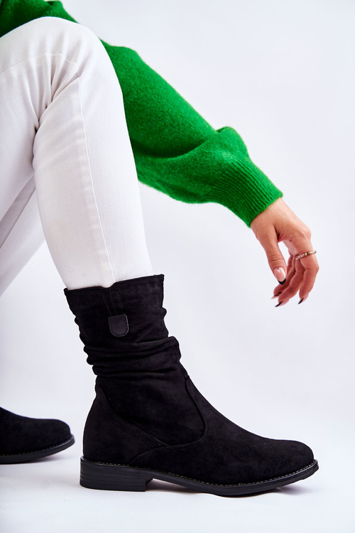 Damskie Marszczone Zamszowe Botki Czarne Joanne