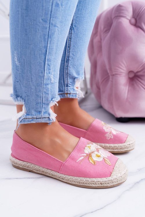 Materiałowe Różowe Damskie Espadryle Slip On Kwiaty Wild
