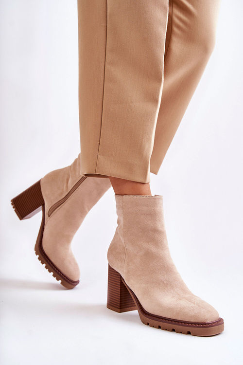 Damskie Zamszowe Botki Na Słupku Z Suwakiem Beżowe Odette