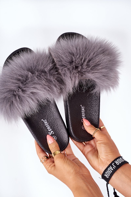 Damskie Klapki z Futerkiem Ciemnoszare Belmondo