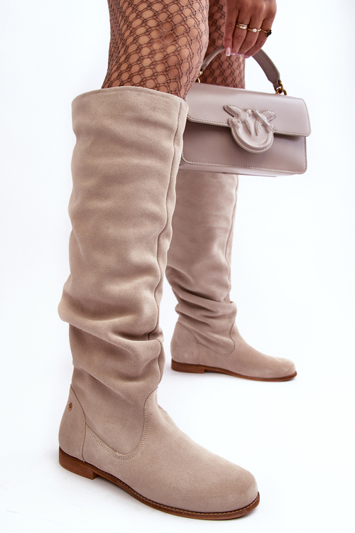 Damskie Zamszowe Kozaki Do Kolan Maciejka 05790-22 Jasnobeżowe
