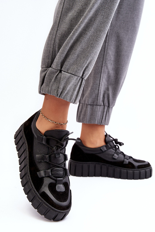 Damskie Skórzane Buty Sportowe Na Platformie M01/1 Zazoo Czarne