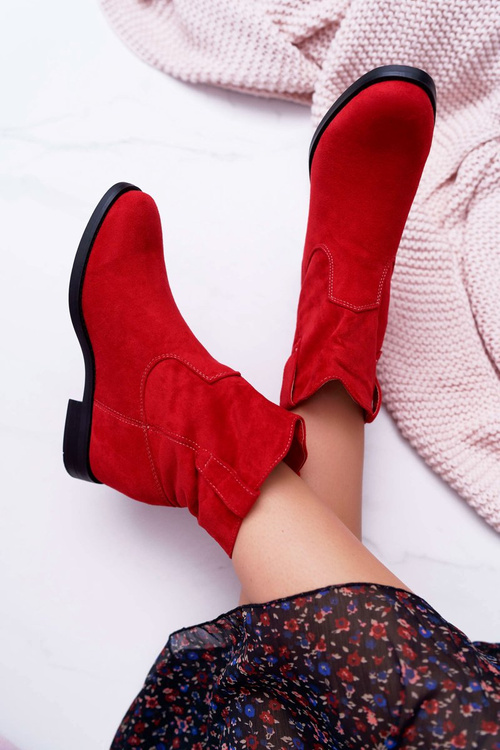 Botki Damskie Na Koturnie Płaski Obcas Ocieplane Za Kostkę Czerwone Demini