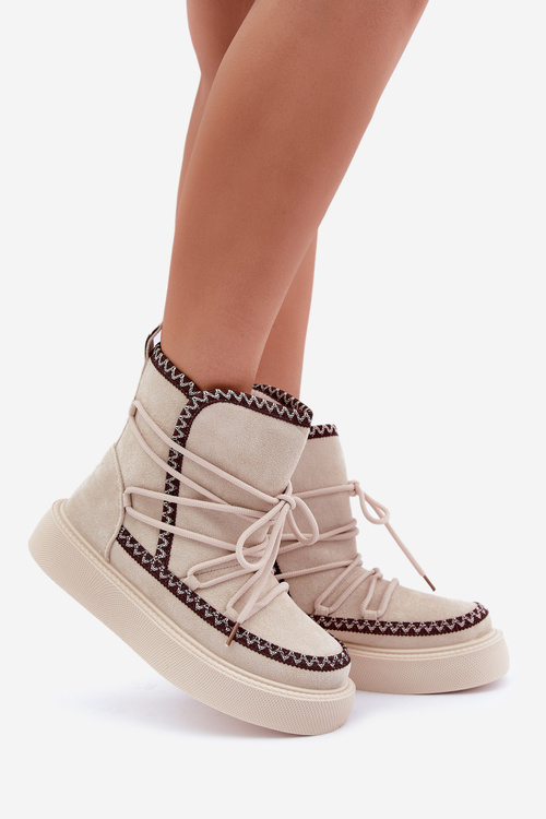 Śniegowce Damskie Z Haftem Na Platformie Jasnobeżowe Naleris