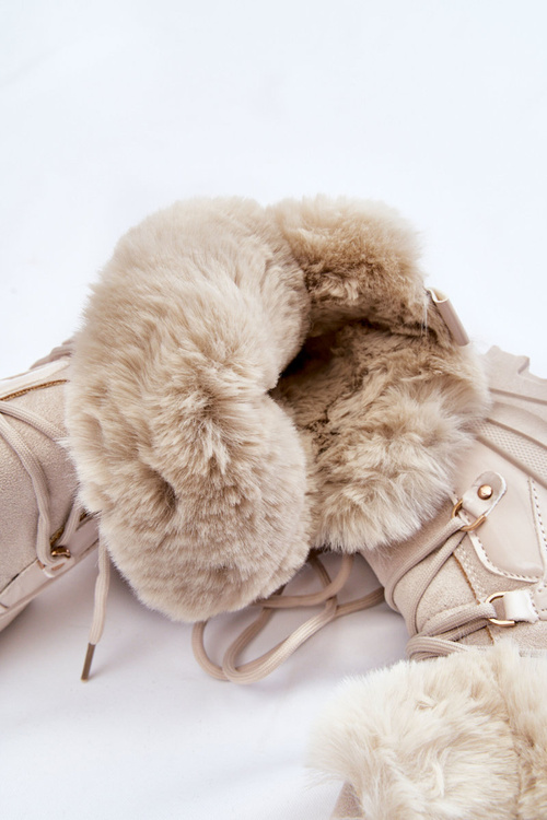 Damskie Botki Z Futerkiem Sznurowane Jasnobeżowe Merron