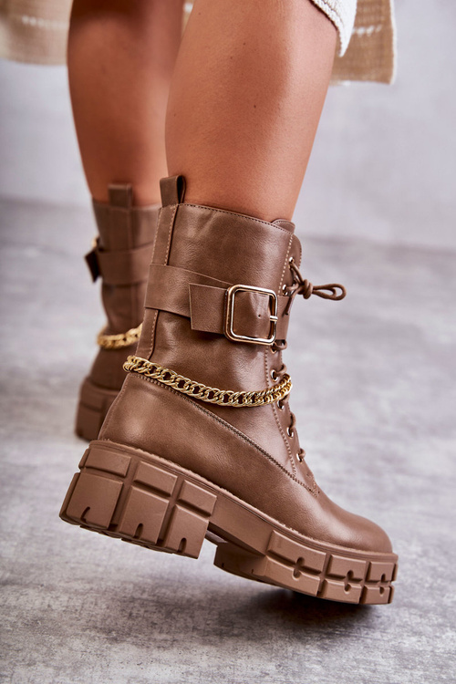 Modne Workery Botki Z Łańcuchem Brązowe Solesso