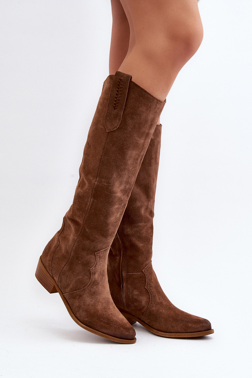 Zazoo 3427 Damskie Zamszowe Kozaki Kowbojki Brązowe