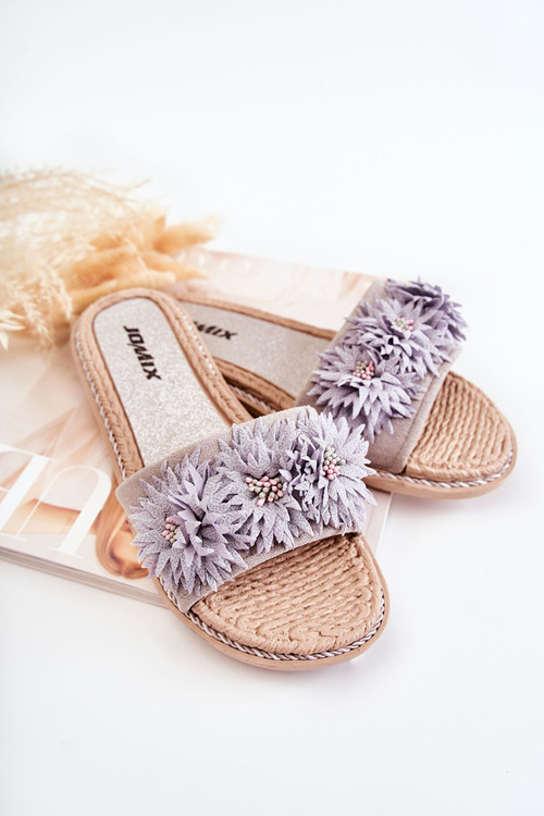 Damskie Klapki Z Materiałowymi Kwiatami Szare Susana