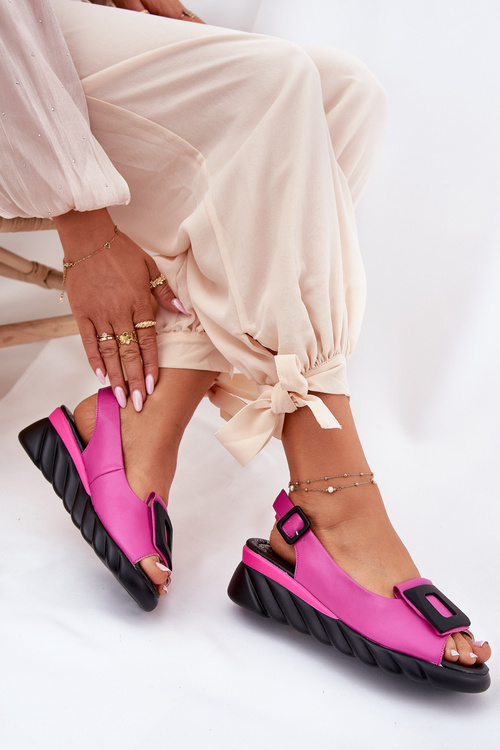 Skórzane Sandały Damskie Na Koturnie z Ozdobą Artiker 56C1571 Fuksja