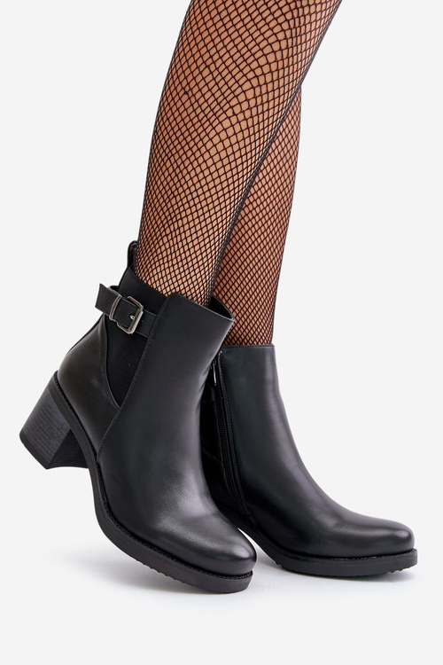 Ocieplane Botki Na Obcasie Eko Skórzane Z Klamrą Czarne Eriliana