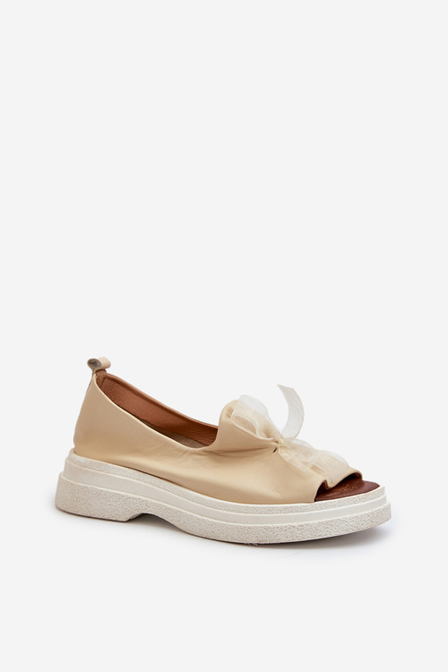 Zazoo 2939 Skórzane Sandały Damskie Z Kokardką Jasnobeżowe