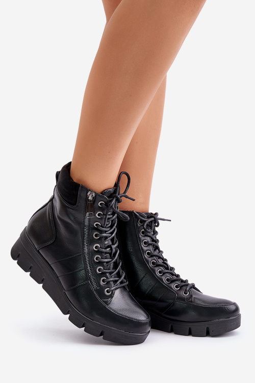 Lekkie Ocieplane Botki Damskie Na Platformie I Koturnie Czarne Savindria