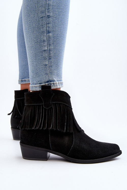Zazoo 3430 Zamszowe Botki Damskie Z Frędzlami Czarne