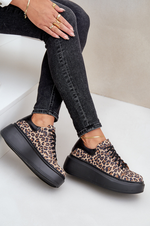 Skórzane Sneakersy Na Platformie W Panterkę Zazoo 3346 Brązowo-Czarne