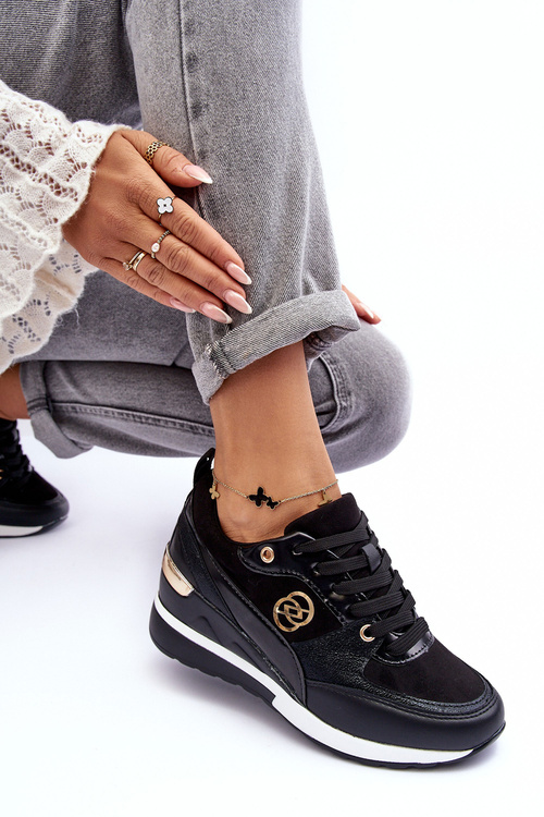 Damskie Sznurowane Buty Sportowe Na Koturnie Czarne Genova