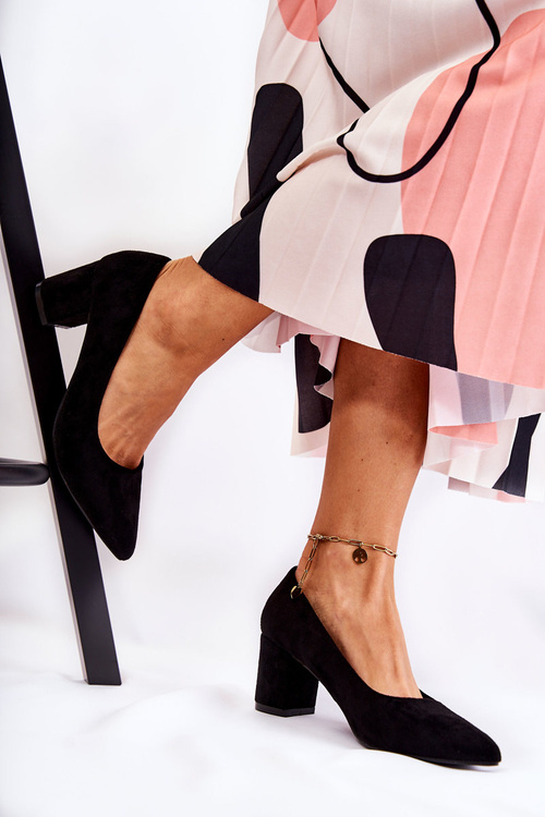 Klasyczne Czółenka Zamszowe Na Słupku Czarne Lency