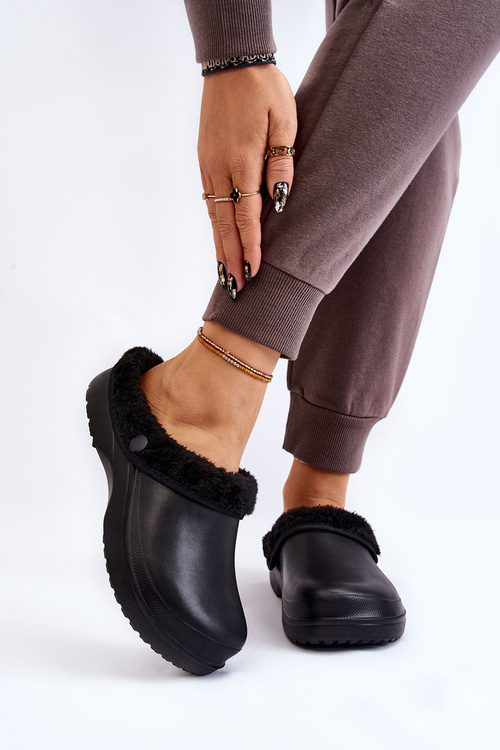 Damskie Piankowe Ocieplane Klapki Kroksy Czarne Cova