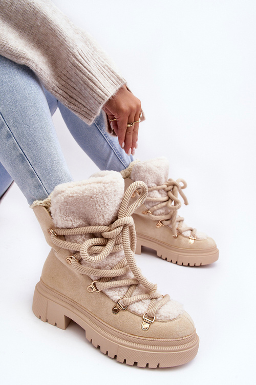 Trapery Śniegowce Damskie Z Wiązaniem Jasnobeżowe Shala