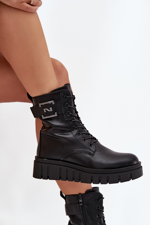 Botki Damskie Na Platformie Z Ozdobnym Detalem Ocieplane Czarne Lyrana