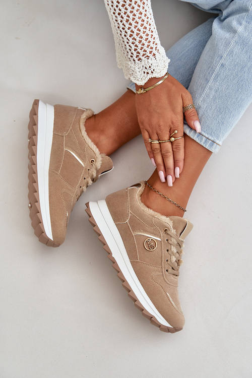 Buty Sportowe Damskie Ocieplane Futerkiem Na Platformie Khaki Lerisas