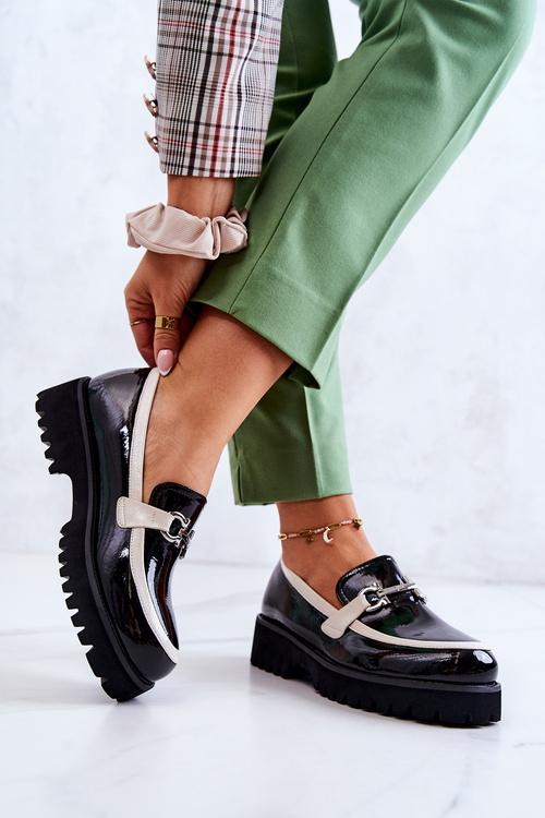 Lakierowane Damskie Półbuty Loafery Czarno-Białe Cassida