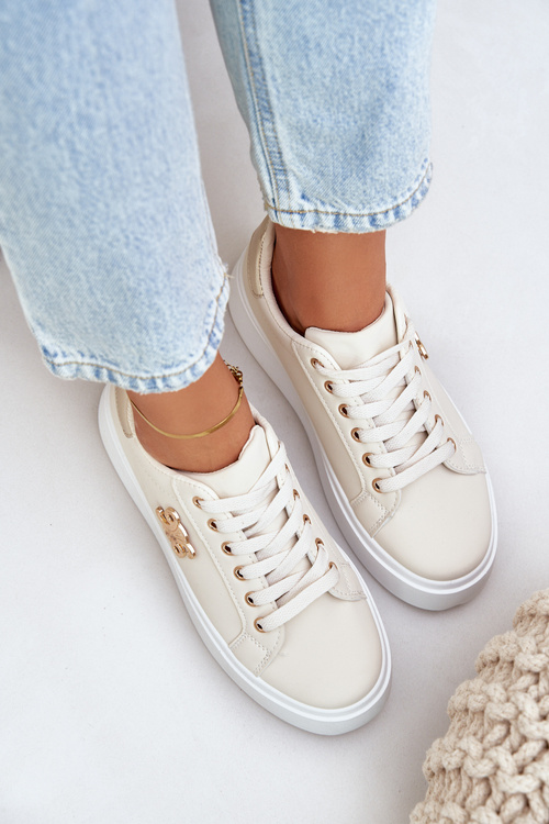 Sneakersy Damskie Na Platformie Beżowo-Złote Temittes