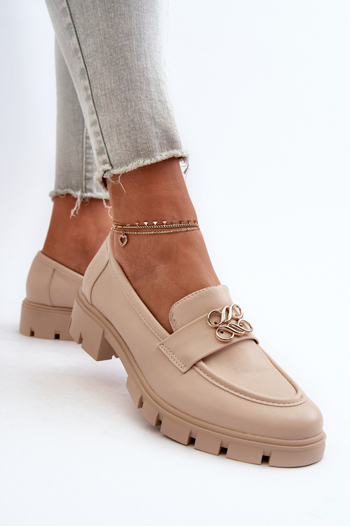 Eleganckie Mokasyny Damskie Ze Złotą Ozdobą Beżowe Tosisa