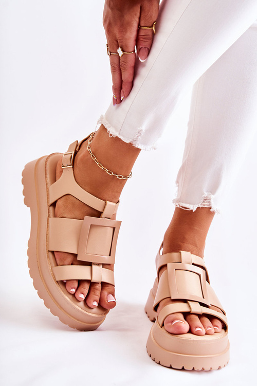 Damskie Skórzane Sandały Na Platformie Ciemnobeżowe Corene