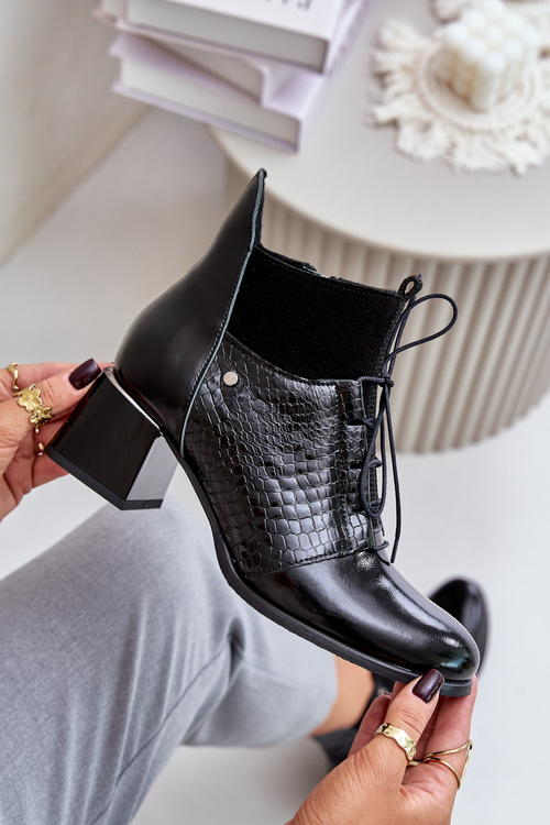 Zazoo 60503 Skórzane Botki Na Obcasie Ocieplane Czarne