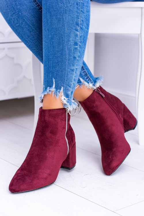 Bordowe Zamszowe Botki Na Słupku w Szpic Jonnes