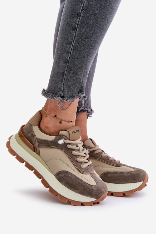 Sneakersy Damskie Na Platformie Ze Skóry Naturalnej Vinceza 41465 Beżowe