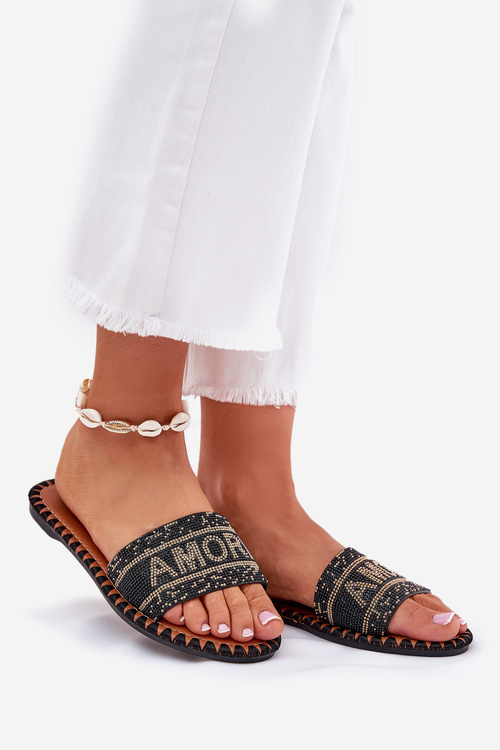 Klapki Damskie Na Płaskim Obcasie Ze Zdobieniem Czarne Dorfedi