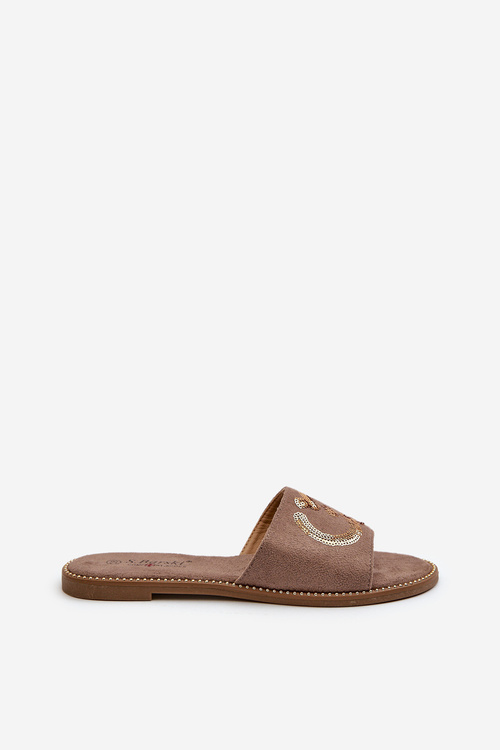 Damskie Płaskie Klapki Z Cekinami S.Barski KV27-052 Brązowe