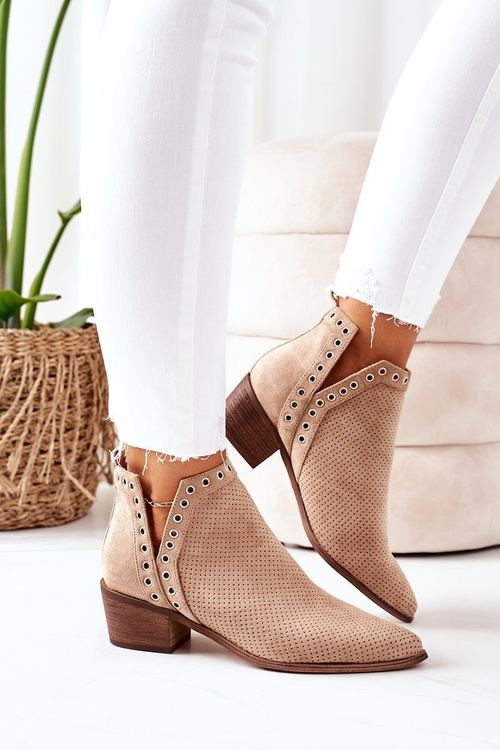 Ażurowe Botki Z Wycięciami Beżowe Western