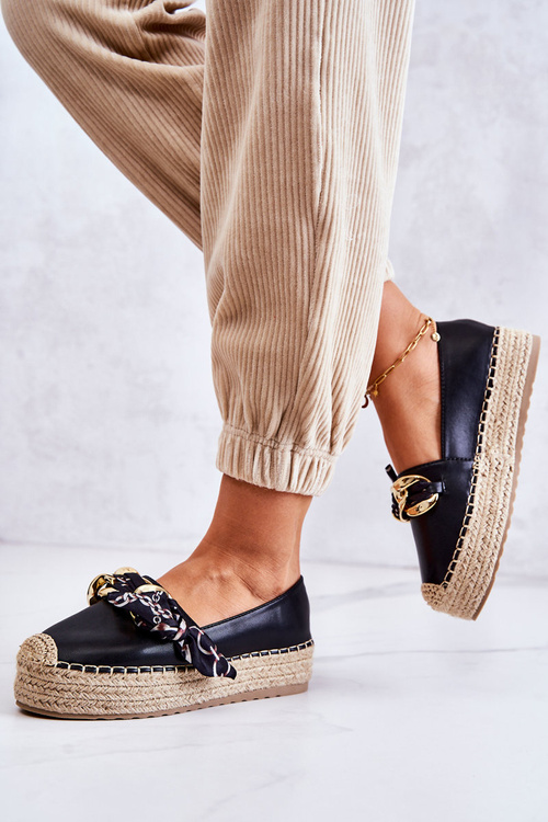 Skórzane Damskie Espadryle Z Łańcuchem Czarne Fancy