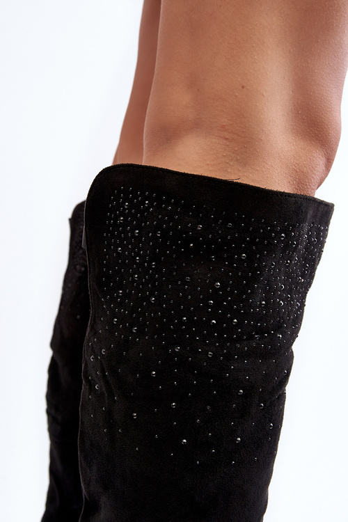 Zdobione Kozaki Damskie Za Kolano Na Płaskim Obcasie Czarne Cintya