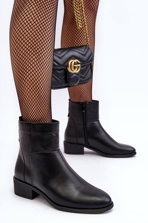 Damskie Skórzane Botki Na Suwak Czarne Semotti