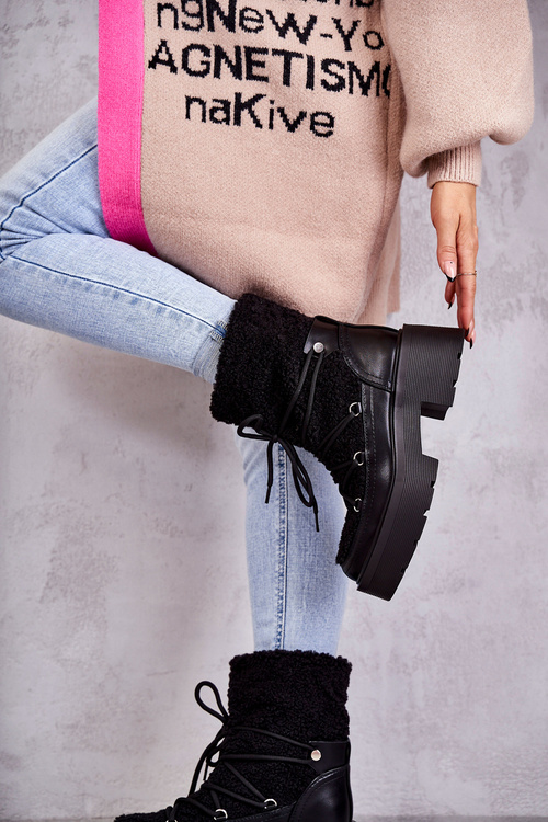 Damskie Botki Śniegowce Z Kożuszkiem Czarne Sanna