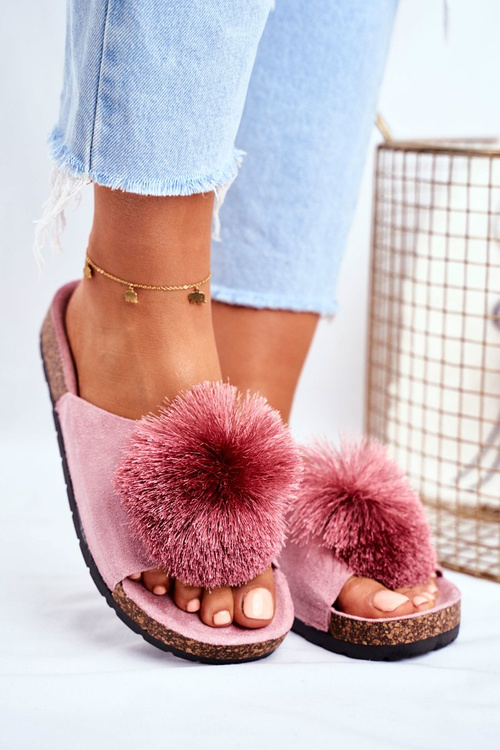 Damskie Klapki Na Korku z Pomponem Różowe Galaxo