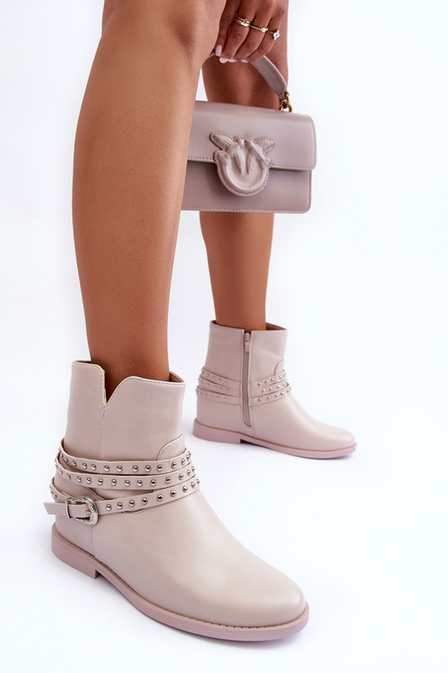 Zdobione Skórzane Botki Damskie Na Płaskim Obcasie Beżowe Adkrana