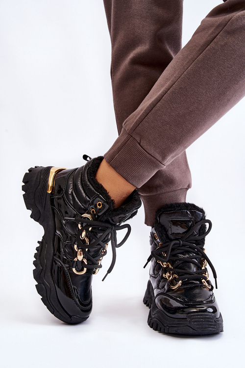 Damskie Ocieplane Buty Sportowe Trapery Sznurowane Czarne Bastini