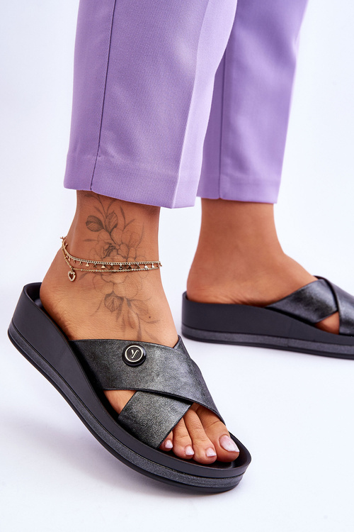 Damskie Klapki Na Platformie Z Ozdobą Czarne Brooklyn