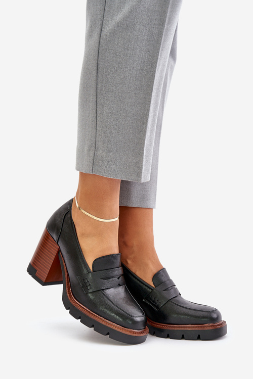 Półbuty Damskie Na Obcasie Słupku Z Eko Skóry Czarne Vinceza 58105