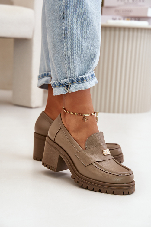 Zazoo 20168 Eleganckie Półbuty Damskie Na Słupku Skóra Naturalna Ciemnobeżowe