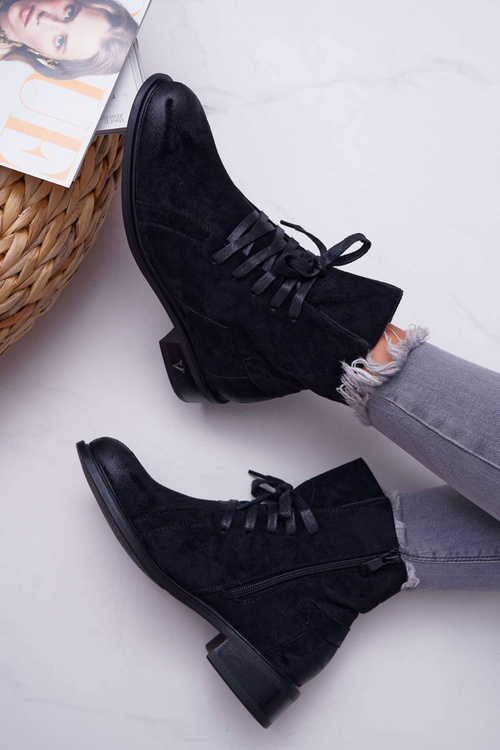 Botki Damskie Płaski Obcas Workery Czarne Teref